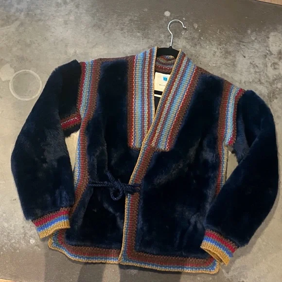 Sparrow by Anthropologie navy faux fur boho coat jacket - Picture 1 of 4